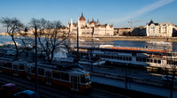 Tram, boats and parliament, Budapest.