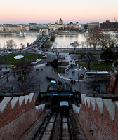 The funicular railway, Chain Bridge and distant basilica, Budapest.